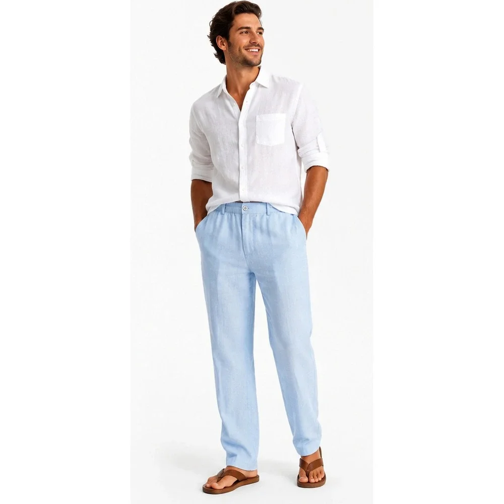 COOFANDY Men's Linen Blend Drawstring Casual Beach Pants Light Blue Size Large